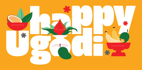 Happy Ugadi. illustration of traditional festival holiday background for the New Year's Day for the states of Andhra Pradesh, Telangana, and Karnataka in India