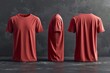 Set of red tee t shirt round neck front, back and side view on transparent background cutout