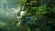 mother earth with green trees for hair, peaceful and sustainable natural environment