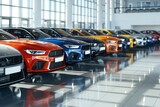 Fototapeta  - Wide banner showcasing diverse lineup of new cars in showroom, 3D rendering