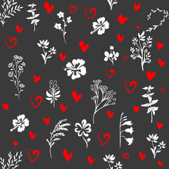 Wall Mural - Seamless pattern of small red hearts and flowers. With love. hand drawing. Not AI. Happy Valentine's Day. Vector illustration