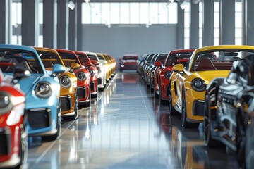 Wide banner showcasing diverse lineup of new cars in showroom, 3D rendering