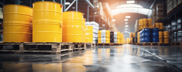 Wall Mural - Row of bright yellow industrial barrels on a pallet inside a warehouse