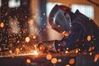 Welder working with sparks and bokeh light effect on industrial theme background - Low key portrait photo