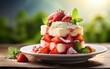 A white plate adorned with vibrant strawberries and a scoop of creamy ice cream, creating a delectable dessert masterpiece