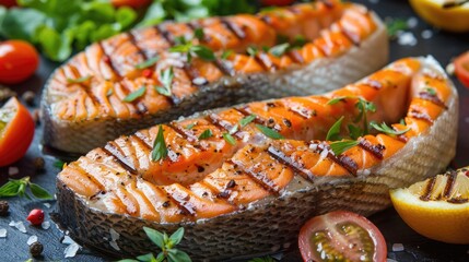 Grilled Salmon Steak Slices on Fresh Vegetable Salad - Delicious Fish Meal with Red Background (16:9)