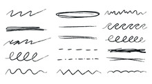 Hand Drawn Pencil Lines And Squiggles Set. Vector Charcoal Smears, Striketrhoughs And Swirls. Doodle Style Sketchy Lines. Horizontal Wavy Strokes Collection. Scratchy Strokes With Rough Edges.