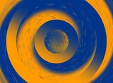 Fototapeta  - Koła, okręgi w żółto - niebieskiej gradientowej kolorystyce z dynamicznym wirem cienkich, kolorowych kresek oraz kulą w centrum kompozycji. Abstrakcyjne tło graficzne