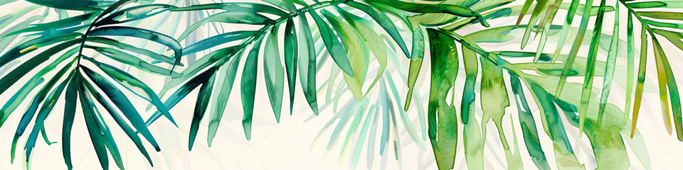 watercolor green palm leaves on a light background, detailed, hyper realistic painting in the style of oil, atmospheric, light colors