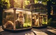 Two cats curiously sitting inside a glass box