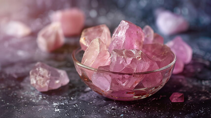 A pink crystal filled bowl sits atop a wooden table. The crystals sparkle under the light, creating a beautiful display