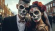 Mardi Gras enchantment captured in a couple's portrait, their sugar skull face paint reflecting the holiday's eerie allure.