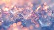 Abstract close-up of sparkling ice crystals with a soft blue and pink bokeh background.