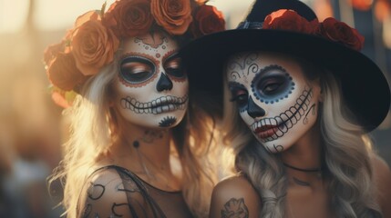 Wall Mural - Day of the Dead vibes-portrait of two women in stunning sugar skull makeup, celebrating Mardi Gras in creepy-chic style.