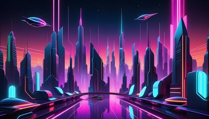 Wall Mural - Futuristic cityscape with neon lights and flying vehicles against a dusk sky.