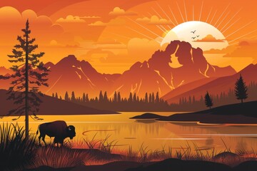 A stylized vector illustration of an American bison standing in the style of the river in Yellowstone National Park