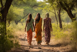 Fototapeta  - Indian women in colorful sari in forest