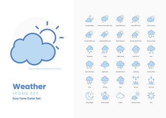 Wall Mural - Set of Weather icons set such as, Sun, Cloud, Rain, Snow, Wind, Thunderstorm, Lightning, Fog, Hail, Rainbow, Temperature, vector stock illustration