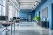 © Alex - Modern office interior with blue walls, white ceiling and concrete floor. There is an open space for working in the center of the room.