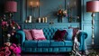 Living room with turquoise sofa and cushions in pink tones stylish lamp cabinet decorated with flowers and candles