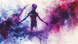 purple scary alien illustration merged with watercolor art Astronaut space exploration, gateway to another universe.space, cosmonaut and galaxy for poster, banner , future, science fiction, astronomy