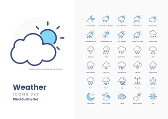 Set of Weather icons set such as, Sun, Cloud, Rain, Snow, Wind, Thunderstorm, Lightning, Fog, Hail, Rainbow, Temperature, vector stock illustration