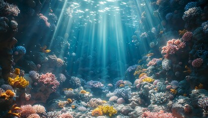 Wall Mural - Underwater scene with sunbeams shining through the water surface. 