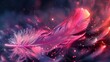 Close up illustration of purple gradient pink glowing feathers on dark background in fantasy style