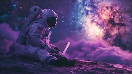 Astronaut using laptop in space exploration, gateway to another universe.space, cosmonaut and galaxy for poster, banner or background , future, science fiction and astronomy, watercolor art