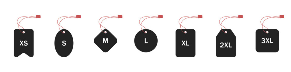 Poster - Tag set of vector icons. Label with clothing sizes vector. Price list for sale vector. Sticker for shop vector. Label on clothes vector. Hanging price tag.