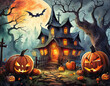 Illustration of a haunted mansion with jack-o'-lanterns during a eerie halloween night