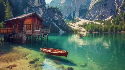 Perfect scenery of famous alpine lake Braies (Pragser Wildsee). Location Dolomiti Alps, national park Fanes-Sennes-Braies, Italy, Europe. Scenic image of Italian Alps. Discover the beauty of earth. 