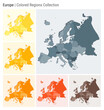 Europe. Map collection. Continent shape. Colored countries. Blue Grey, Yellow, Amber, Orange, Deep Orange, Brown color palettes. Border of Europe with countries. Vector illustration.