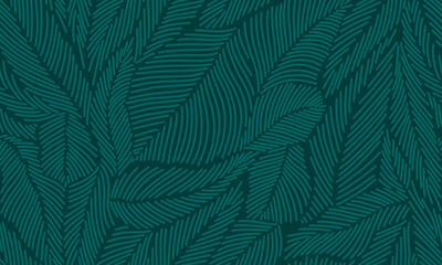 Pattern with spruce needles. Winter linear botanical pattern. Line illustration with Christmas tree branches and leaves on dark green background. Leaves withh linear texture