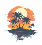 Fototapeta Natura - A painting depicting a vibrant sunset with silhouetted palm trees swaying in the gentle breeze