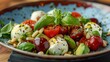 Fresh salad with cherry tomatoes, mozzarella, avocado, basil