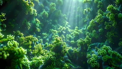 Wall Mural - Underwater view of a group of seabed with green cinematic lighting, volumetric lighting,