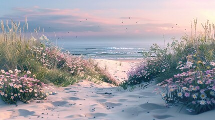 Wall Mural - A secluded stretch of coastline with pristine sand dunes, kissed by the first light of dawn