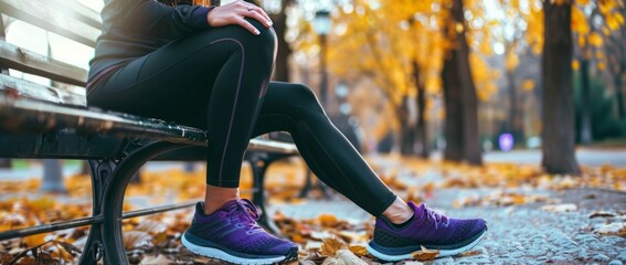 a woman in black leggings and purple sneakers is sitting on a bench, holding her leg with one hand a