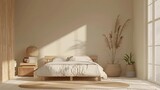 Fototapeta Tęcza - Scandinavian style bedroom mockup with natural wood furniture and beige color scheme, interior design illustration