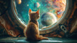 a cat watching cosmonaut discovery of new worlds through a spaceship window, gateway to another universe.space, cosmonaut and galaxy for poster, banner or background , future, science fiction 