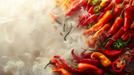 Wall Mural - A digitally crafted image of a picture frame made of an array of hot peppers, from jalap to habaneros, set against a stark white background, with curls of smoke rising, hinting at their fiery