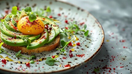 Wall Mural - A small plate of avocado toast, garnished with red pepper flakes and a sprinkle of sea salt, is placed at the upper left, against a white background. The majority of the scene remains empty