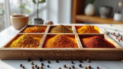 Wall Mural - A virtual depiction of a picture frame filled with finely ground spices - turmeric, paprika, and cumin - displayed on a white canvas, where the vivid colors form a minimalist but profound