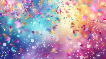 Wall Mural - Vibrant confetti explosion against colorful bokeh background, celebrating the joyous spirit of carnival, digital art illustration