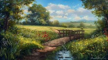A Tranquil Scene With Country Roads Winding Through Lush Green Fields, Converging At A Rustic Wooden Bridge Over A Babbling Brook