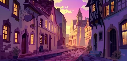 Sticker - illustration cartoon, view of an old European street at dusk