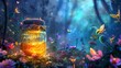 Enchanted jar of honey in a mystical forest. Magical honey pot surrounded by glowing bees. Concept of fantasy, enchantment, fairy tales, and magical realism. Digital art