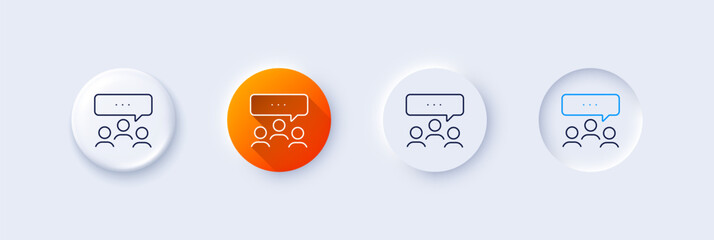 Wall Mural - Meeting line icon. Neumorphic, Orange gradient, 3d pin buttons. Discussion or consultation sign. People communication management symbol. Line icons. Neumorphic buttons with outline signs. Vector