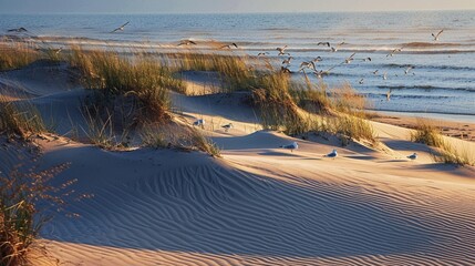 Wall Mural - Sand dunes stretching along the coastline at sunrise in summer, bathed in the soft golden light of dawn, shadows casting long